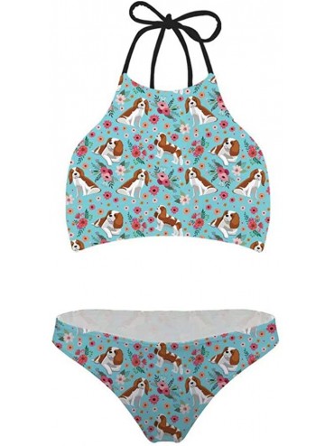 Sets Lace Up Halter Bikini Set Womens Outdoor Beach Swimsuit 2 Piece Bathing Suits - King Charles Spaniel Flower - CI18O3EUQ6...