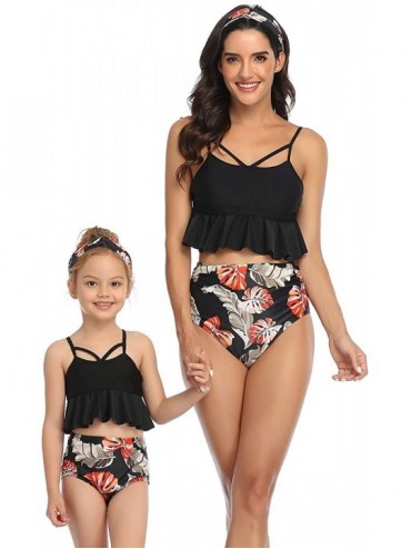 Sets Women Bikinis Mommy and Me Swimsuit Two Piece Spaghetti Strap Ruffle Floral High Waist Bathing Suit for Baby Girl Black ...