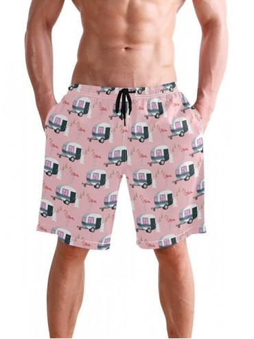 Board Shorts Men's Quick Dry Swim Trunks with Pockets Beach Board Shorts Bathing Suits - Happy Camper Pink Retro Flamingo Cam...