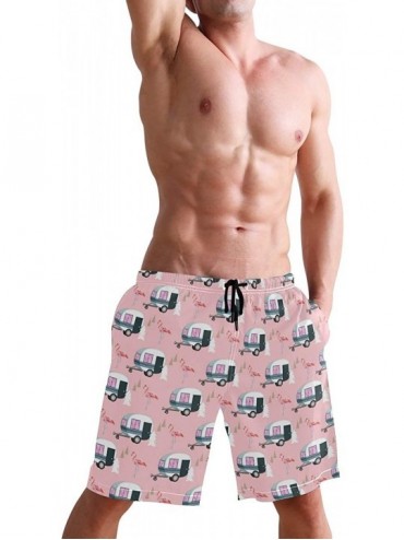 Board Shorts Men's Quick Dry Swim Trunks with Pockets Beach Board Shorts Bathing Suits - Happy Camper Pink Retro Flamingo Cam...