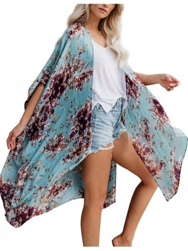 Cover-Ups Women's Sheer Kimono Cardigans Floral Chiffon Loose Swimsuit Long Cover ups - 2 Floral Print Blue - C018ZDC4OZN $29.21