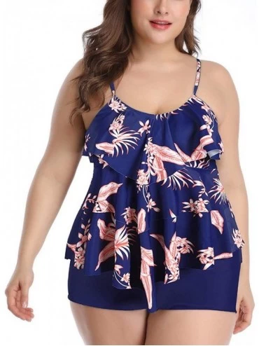 Tankinis Bathing Suits for Women Plus Size Tankini Set Ruffle Swimsuits with Shorts - Navy Blue Floral - CS199HSUZQ4 $49.14