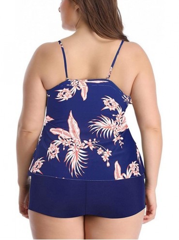 Tankinis Bathing Suits for Women Plus Size Tankini Set Ruffle Swimsuits with Shorts - Navy Blue Floral - CS199HSUZQ4 $30.00