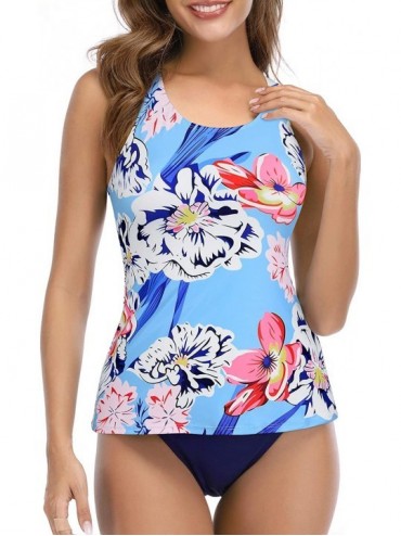 Sets Women's Two Piece Tankini Swimsuit Floral Tank Top Bikinis Padded Swimwear with Boyshorts - Blue Floral Print - C0196OME...