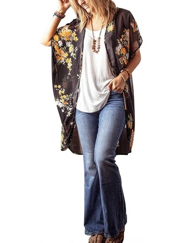 Cover-Ups Women's Summer Floral Print Kimono Loose Half Sleeve Long Sleeve Cardigan - 1-charcoal - CB18T4UISRG $28.06