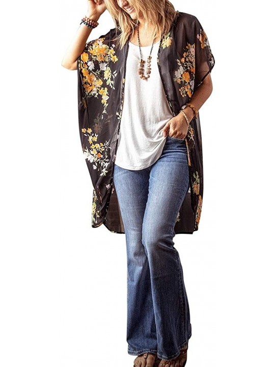 Cover-Ups Women's Summer Floral Print Kimono Loose Half Sleeve Long Sleeve Cardigan - 1-charcoal - CB18T4UISRG $16.61
