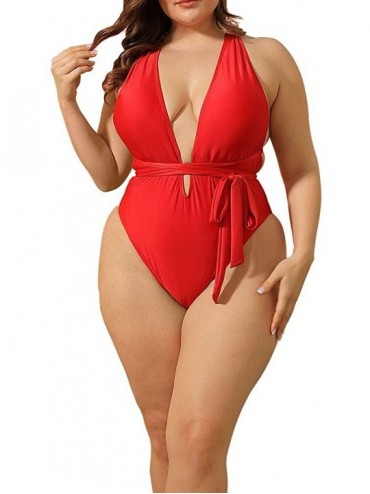 One-Pieces Women Plus Size Swimsuits One Piece Sexy Deep V Self Tie Halter Monokinis - Red - CQ1900IZND8 $41.83