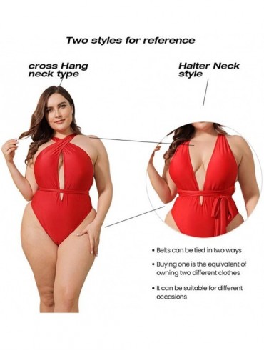 One-Pieces Women Plus Size Swimsuits One Piece Sexy Deep V Self Tie Halter Monokinis - Red - CQ1900IZND8 $27.70