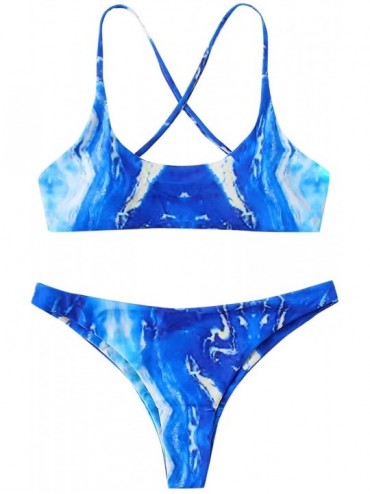 Sets Women's Sexy Bathing Suit Floral Print Cross Back Bikini Set Swimsuits - Blue-4 - CN19745LXRI $33.41
