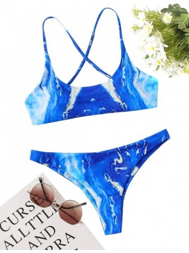 Sets Women's Sexy Bathing Suit Floral Print Cross Back Bikini Set Swimsuits - Blue-4 - CN19745LXRI $19.87
