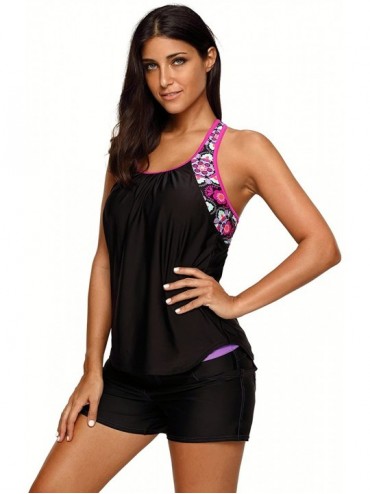 Tankinis Womens Floral Blouson Swimwear T-Back Tankini Top - Black - CP1800GXZL4 $21.01