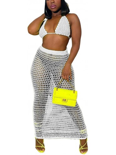 Cover-Ups Women Crochet 2 Piece Dress Outfits Knitted Hollow Out Halter Bikini Bra Crop Top Maxi Skirt Set Cover Up - White -...
