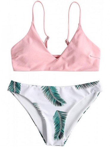 Sets Pink V-Neck String Top Coconut Palm Leaf Print High Waisted Bottom Bikini Set - CT18H6CULMO $27.86