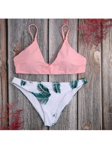 Sets Pink V-Neck String Top Coconut Palm Leaf Print High Waisted Bottom Bikini Set - CT18H6CULMO $15.26