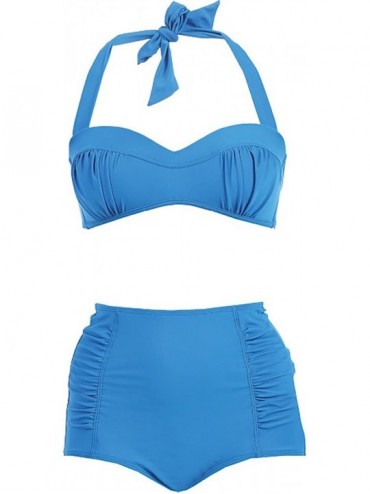Sets Vintage Highwaisted Solid 2 pc Swimsuit Bikini - Blue - CV11Y9ZEXDT $40.39