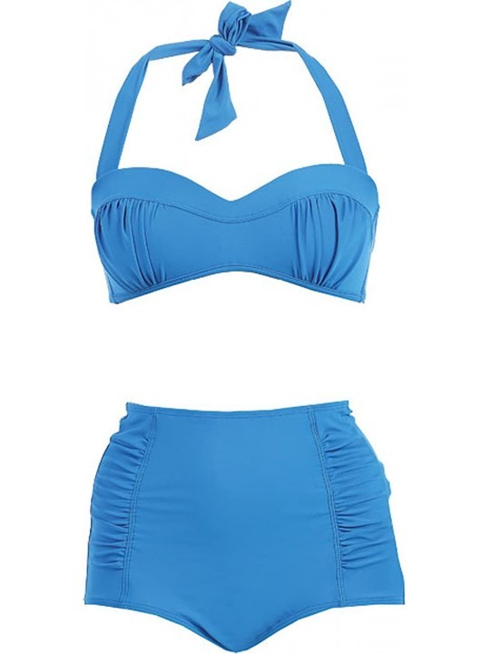 Sets Vintage Highwaisted Solid 2 pc Swimsuit Bikini - Blue - CV11Y9ZEXDT $22.08