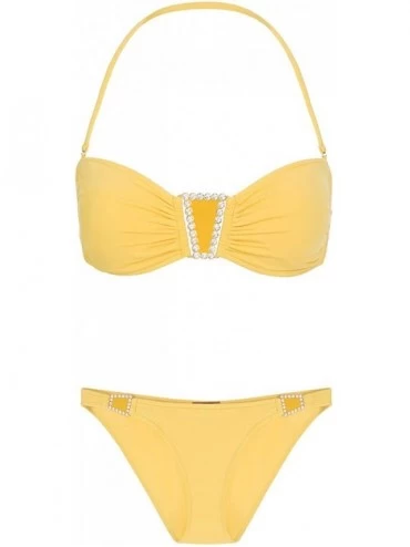Bottoms Women's Bandeau Bikini Two Piece Set Swarovski Crystal Embellishments Luxury Swimsuits - Canary - C018ROTY0TE $76.04