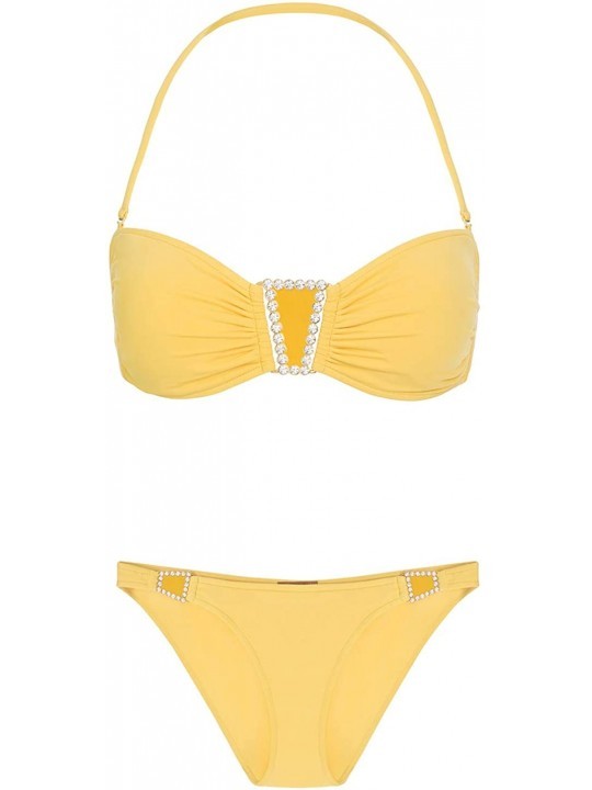Bottoms Women's Bandeau Bikini Two Piece Set Swarovski Crystal Embellishments Luxury Swimsuits - Canary - C018ROTY0TE $35.49