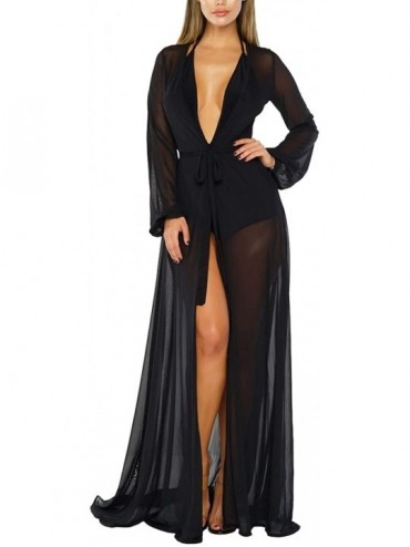 Cover-Ups Women's Sexy Long Sleeve Swimsuit Bathing Suit Beach Tie Front Maxi Robe Cover Up - Black - CR196EREXQM $45.27