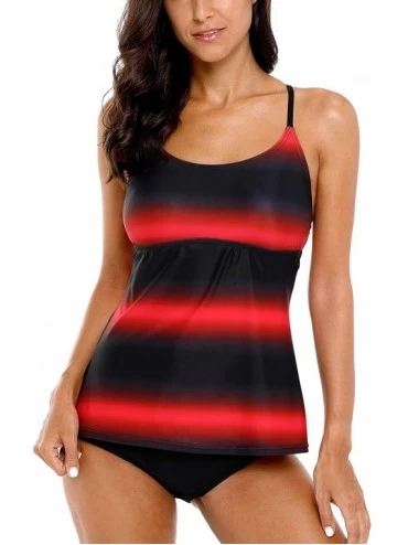 Sets Women Printed Tankini Swimsuit Crossback Two Piece Bathing Suit Swimwear - Red Gradient - C618LMUODQC $33.68
