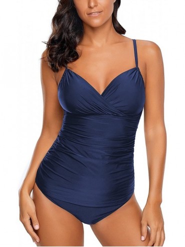 Tankinis Women's Ruched Wrap Front Tankini Set 2 Piece Swimsuit Beachwear - Navy Blue - C718D84S387 $19.53
