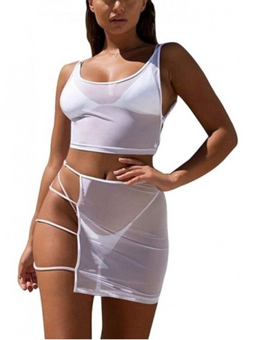 Cover-Ups Women's Sheer Mesh 2 Piece Outfits See Through Sleeveless Crop Tops + Bodycon Party Mini Skirt Jumpsuits Set White ...