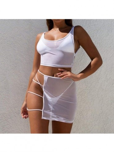 Cover-Ups Women's Sheer Mesh 2 Piece Outfits See Through Sleeveless Crop Tops + Bodycon Party Mini Skirt Jumpsuits Set White ...