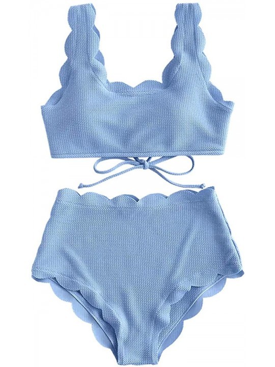 Sets Women's High Waisted Scalloped Bikini Set Textured Lace-up Swimwear Padded Adjustale Tankini Swimsuit - Lightblue - CX19...