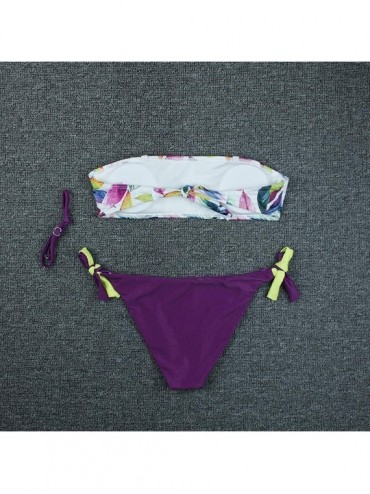 Sets Women Hollow Out Bikini Set Women Sexy Beach Two Piece Suit Bandage Lace Up Push Up Padded Bra Bikini Set Purple_3 - C91...