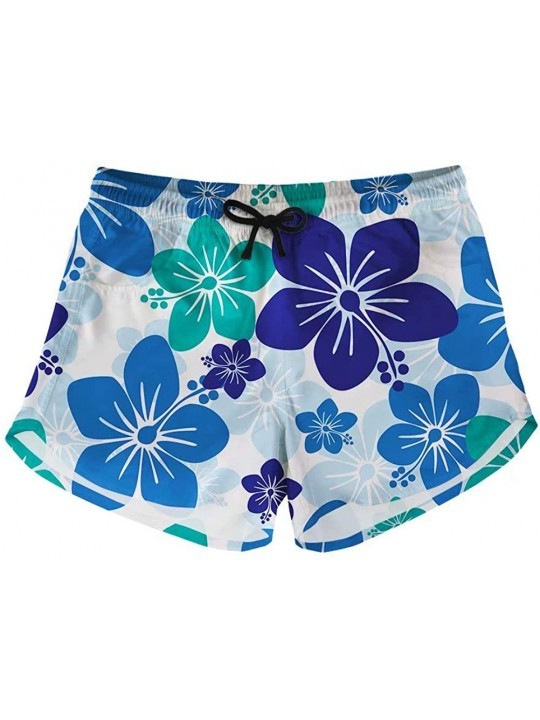 Board Shorts Beach Shorts Women Hot Pants with Pockets Drawstring Mid Rise Board Shorts - Blue Flowers - CR195A5LAOC $18.42
