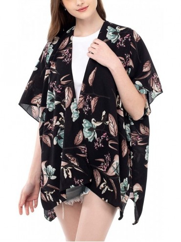 Cover-Ups Women Floral Kimono Cardigan Open Front Beach Cover Up Chiffon Casual Loose Tops - Black_floral 02 - CO190ESOOS0 $1...