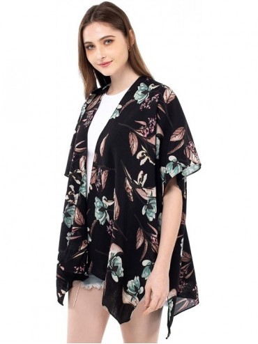 Cover-Ups Women Floral Kimono Cardigan Open Front Beach Cover Up Chiffon Casual Loose Tops - Black_floral 02 - CO190ESOOS0 $1...