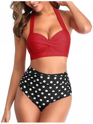 Sets Women Two Pieces High Waisted Ruffle Triangle Bikini Set Push up Padded V Neck Printed Swimwear - Red - CM195H8DSXN $24.76