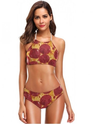 Sets Green Serious Virus Cell 2 Pcs Halter High Waist Swimsuit Bathing Set for Woman Girls - Pizza - CX18O3LT2AO $55.74