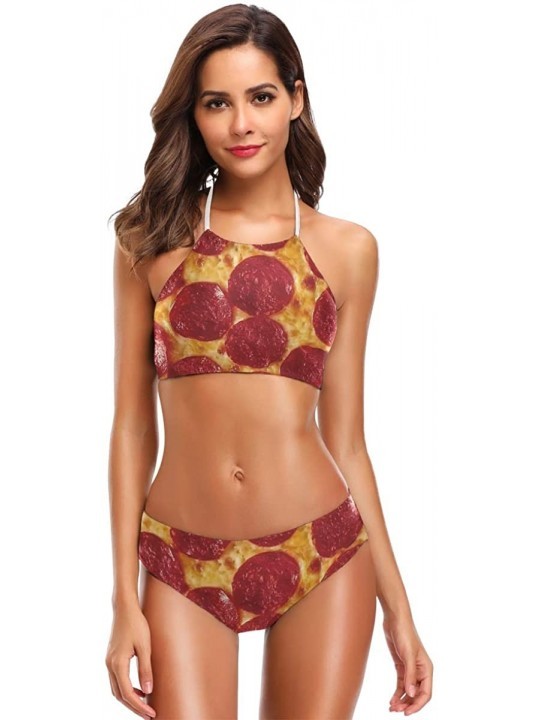 Sets Green Serious Virus Cell 2 Pcs Halter High Waist Swimsuit Bathing Set for Woman Girls - Pizza - CX18O3LT2AO $30.13