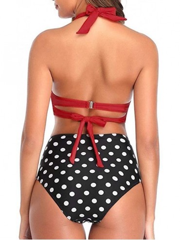 Sets Modest Swimwear-Women Vintage Swimsuit Two Piece Retro Halter Ruched High Waist Print Bikini Set - A-red - CE194L9LKU8 $...