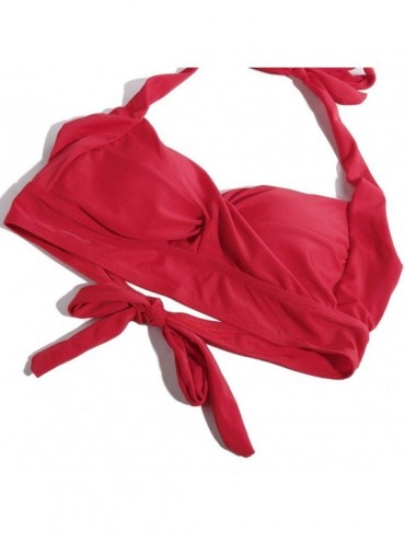 Sets Modest Swimwear-Women Vintage Swimsuit Two Piece Retro Halter Ruched High Waist Print Bikini Set - A-red - CE194L9LKU8 $...