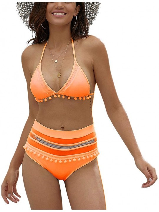 Sets Womens Striped High Waist Bikini Set Tassel Trim Top Halter Straps Swimsuit - Yellow - C818R3IATWI $19.71