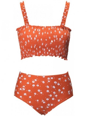 Sets Women's Two-Piece Floral Ruffled high Waist Pleated Two-Piece Swimsuit Tankini Swimwear - Orange - C7199QY2O8D $48.61