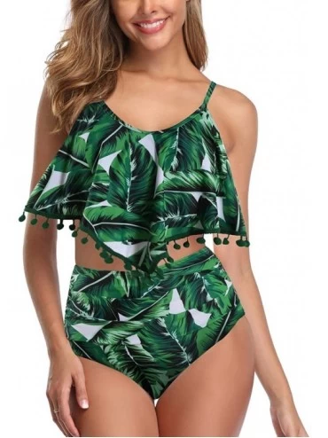 Sets Woemn Bikini Two Piece High Waisted Swimsuit Ruffled Flounce Tassel Bathing Suits - Forest Green Leaves - CI19DHWNMW0 $4...