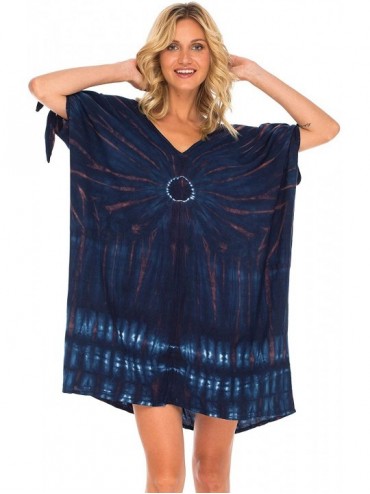 Cover-Ups Womens Beach Cover Up Loose Kaftan Tunic Dress Poncho Top Tie Dye - Navy Blue - C018Q74QWOH $23.88