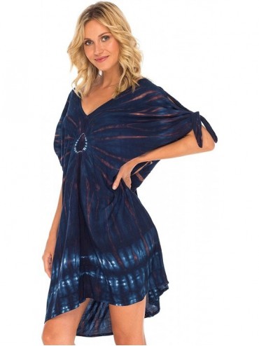 Cover-Ups Womens Beach Cover Up Loose Kaftan Tunic Dress Poncho Top Tie Dye - Navy Blue - C018Q74QWOH $23.88