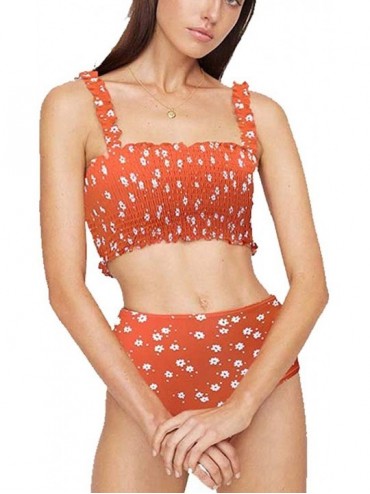 Sets Women's Two-Piece Floral Ruffled high Waist Pleated Two-Piece Swimsuit Tankini Swimwear - Orange - C7199QY2O8D $20.09