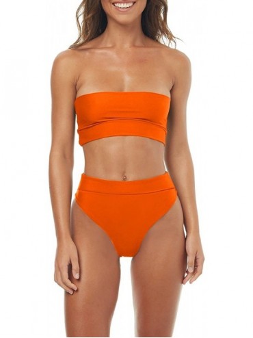 Sets Womens Bandeau Bikini High Waisted Swimsuit Sexy Two Piece High Cut Bathing Suit - Orange - C318CSXC23R $50.96