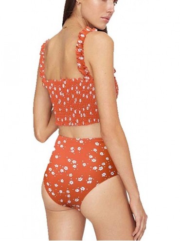 Sets Women's Two-Piece Floral Ruffled high Waist Pleated Two-Piece Swimsuit Tankini Swimwear - Orange - C7199QY2O8D $20.09