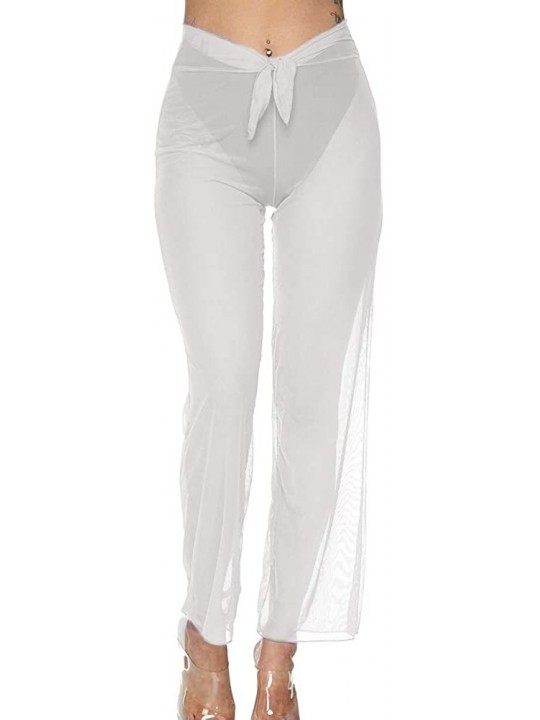 Bottoms Women's Perspective Sheer Mesh Long Pants Swimsuit Bikini Bottom Cover up - D White - CF18R20MH8D $10.76