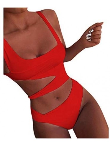 One-Pieces Women's One Piece Swimsuit Bikini Swimwear Solid Color Sexy Beachwear Bathing Suit - Red - CD194EM2EAK $14.94