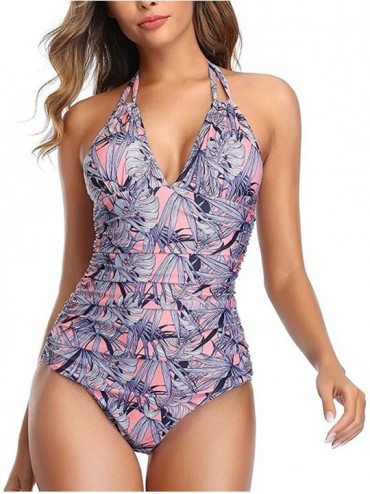 One-Pieces Tummy Control Swimwear Halter One Piece Slimming Swimsuit Ruched Floral Bathing Suits for Women - Pink - CD1974M5E...