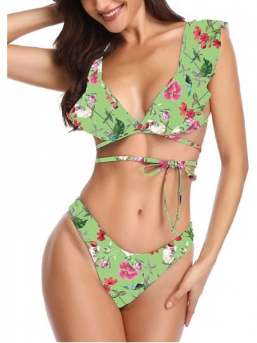 Sets Women's Swimsuits Bikinis Bathing Suits Sexy Ruffle Backless Two Piece Beachwear - Green a - CU18REMTETH $32.86