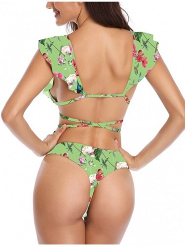 Sets Women's Swimsuits Bikinis Bathing Suits Sexy Ruffle Backless Two Piece Beachwear - Green a - CU18REMTETH $13.40